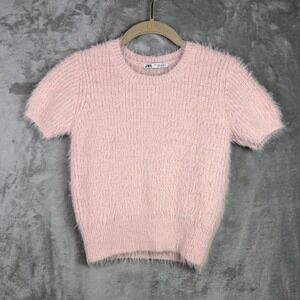 ZARA Fuzzy Knit Sweater Medium Pink Short Sleeve Cropped Eyelash Pastel Top